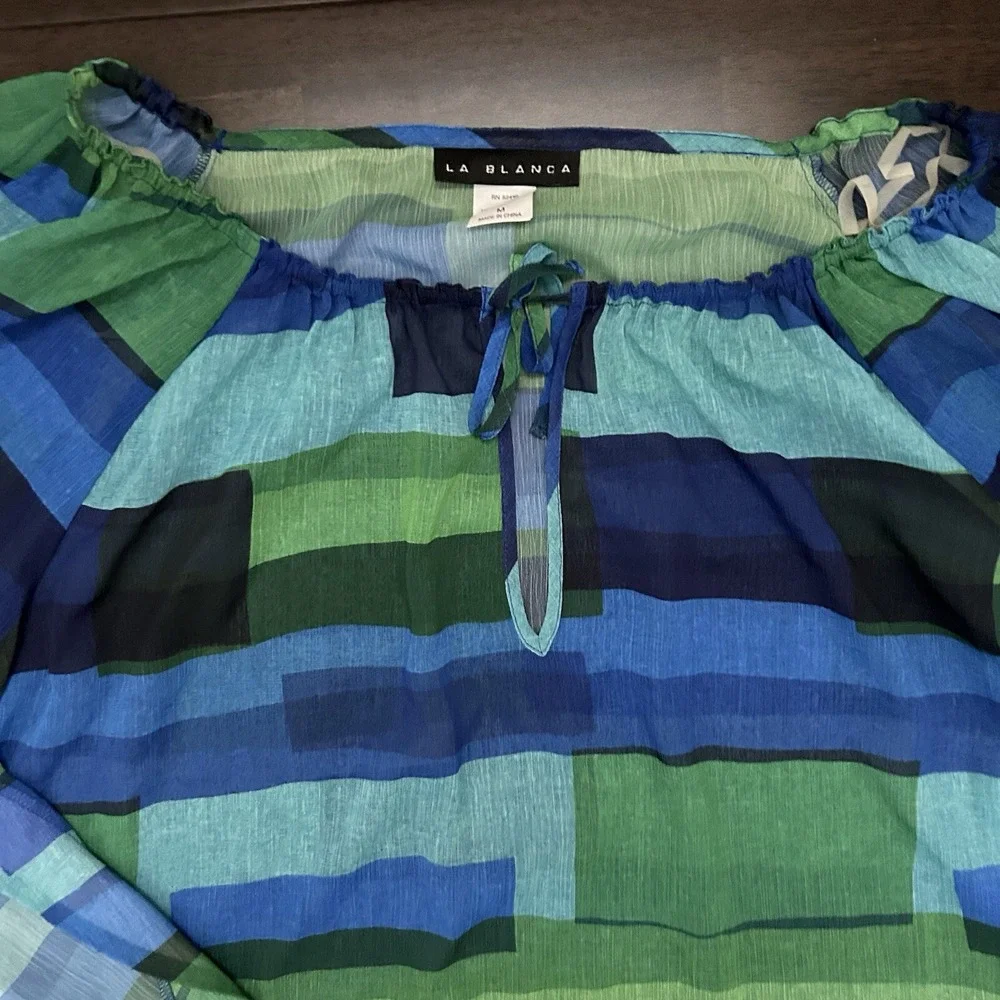 La Blanca Sheer Swimsuit Cover-Up Quarter Sleeves Blue‎ Size M